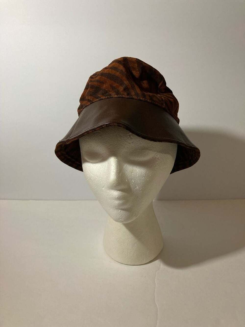 Vintage Brown Animal Print Suede and Leather Bucket Hat